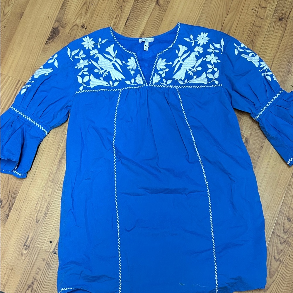Joie Royal Blue Tunic with White Embroidery